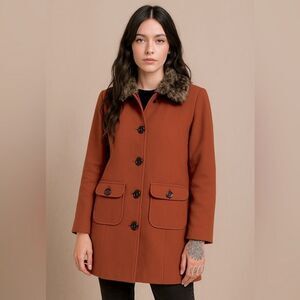 Burnt brown Mod Coat w/ Faux Fur Collar Details Intl Retro Fall Jacket S NWOT